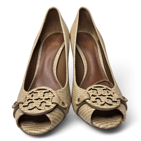 Tory Burch Amanda Wedge Heels Women's Lizard Skin Pattern Open Toe Coin Top 8.5 - Picture 2 of 11